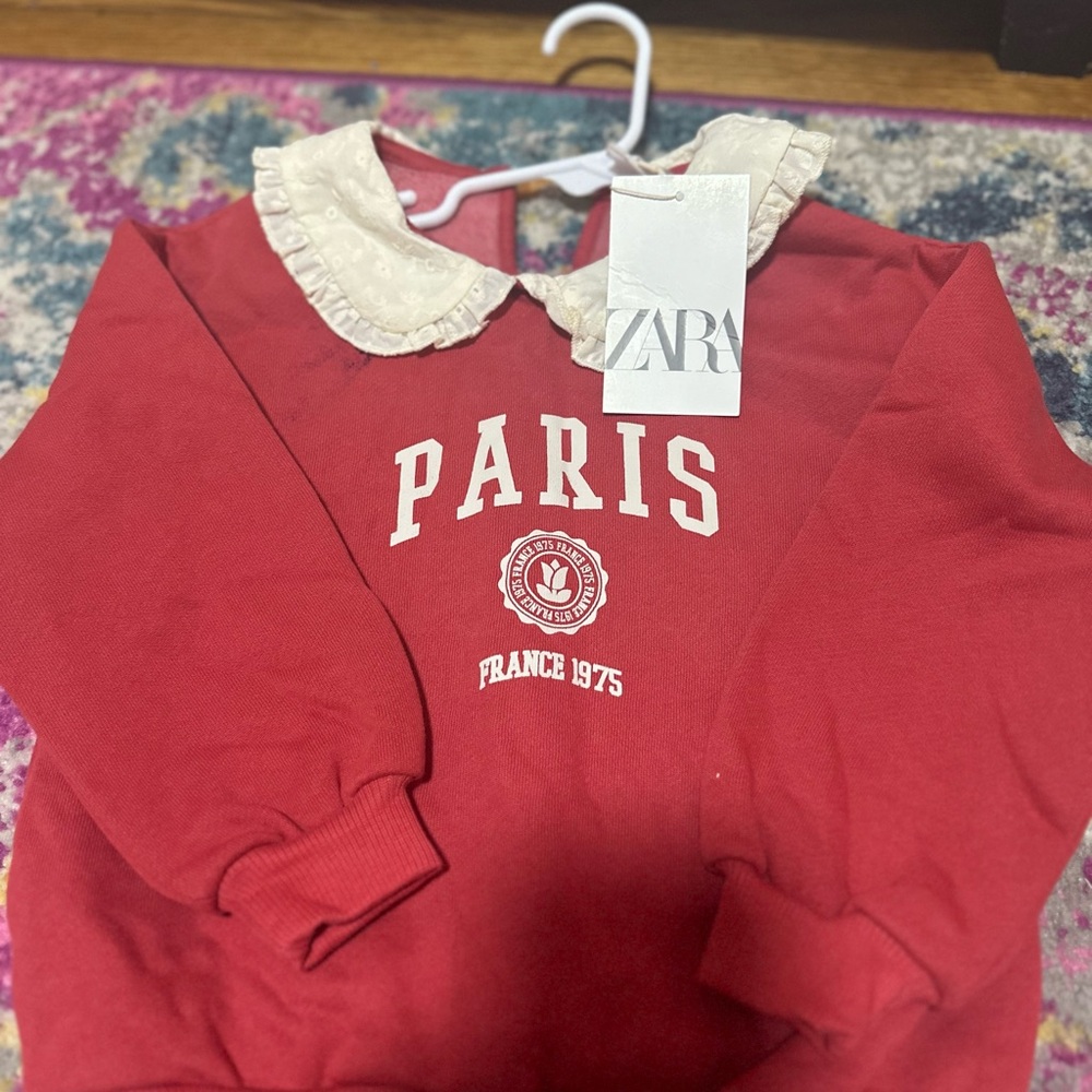 Zara Red Paris Sweatshirt with Peter Pan Collar